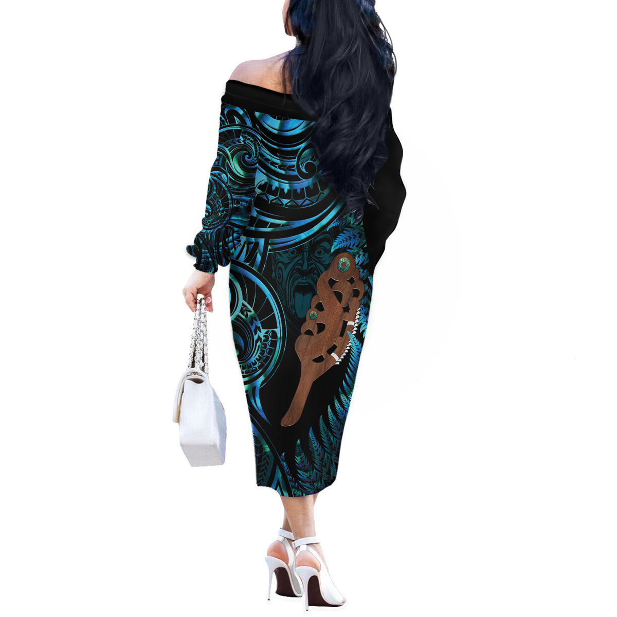 Maripi New Zealand Off The Shoulder Long Sleeve Dress Maori Weapon Paua Shell Haka Fern