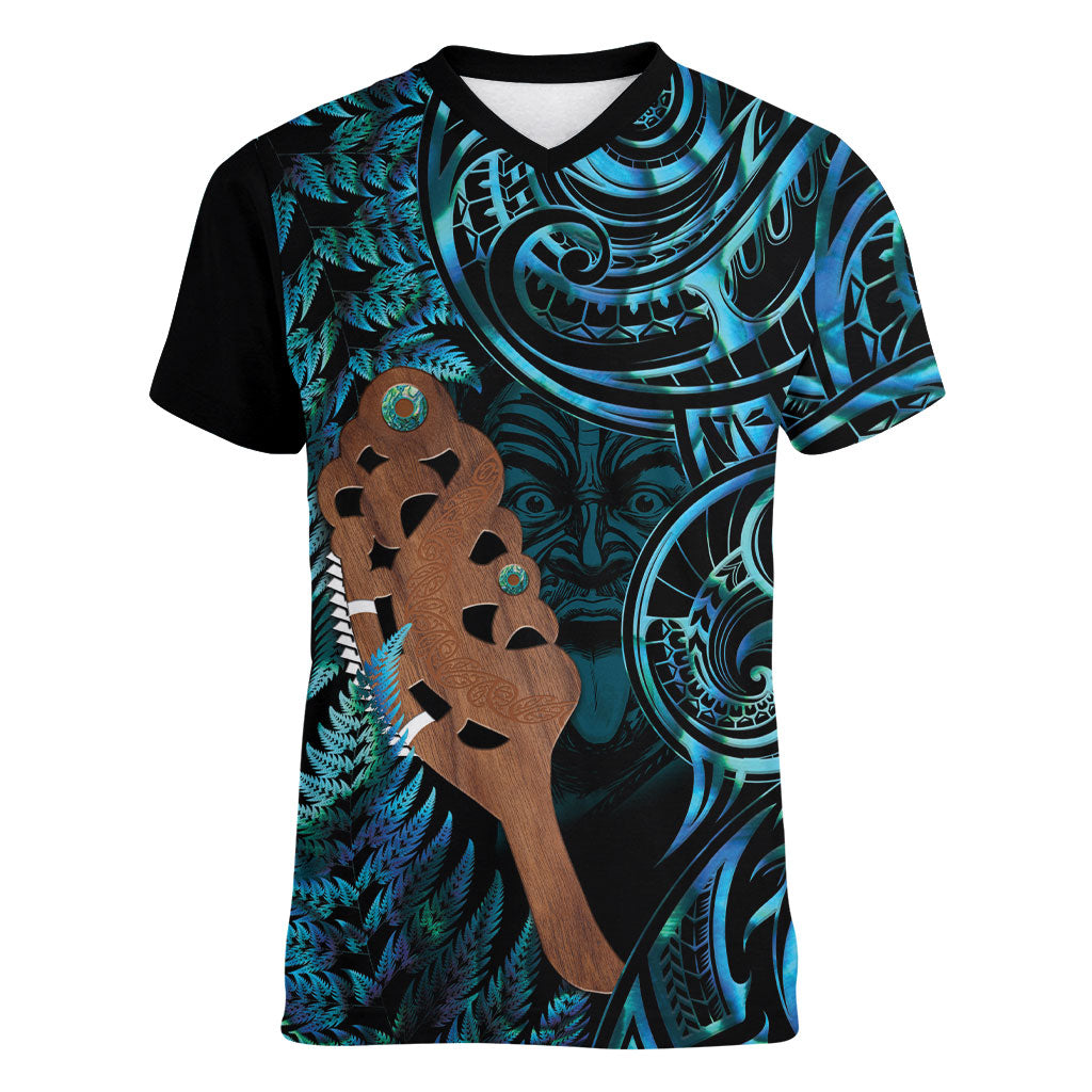 Maripi New Zealand Women V-Neck T-Shirt Maori Weapon Paua Shell Haka Fern