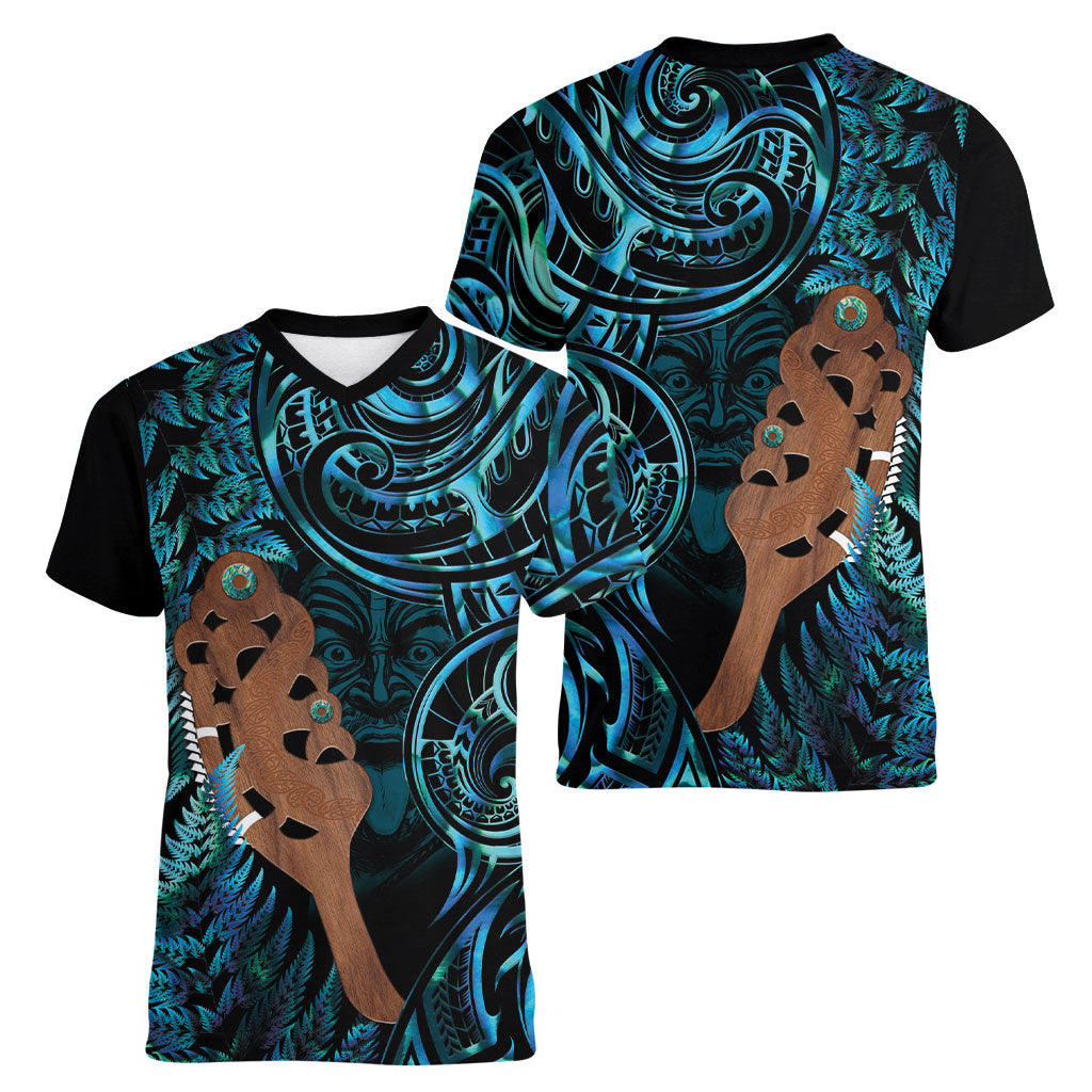 Maripi New Zealand Women V-Neck T-Shirt Maori Weapon Paua Shell Haka Fern