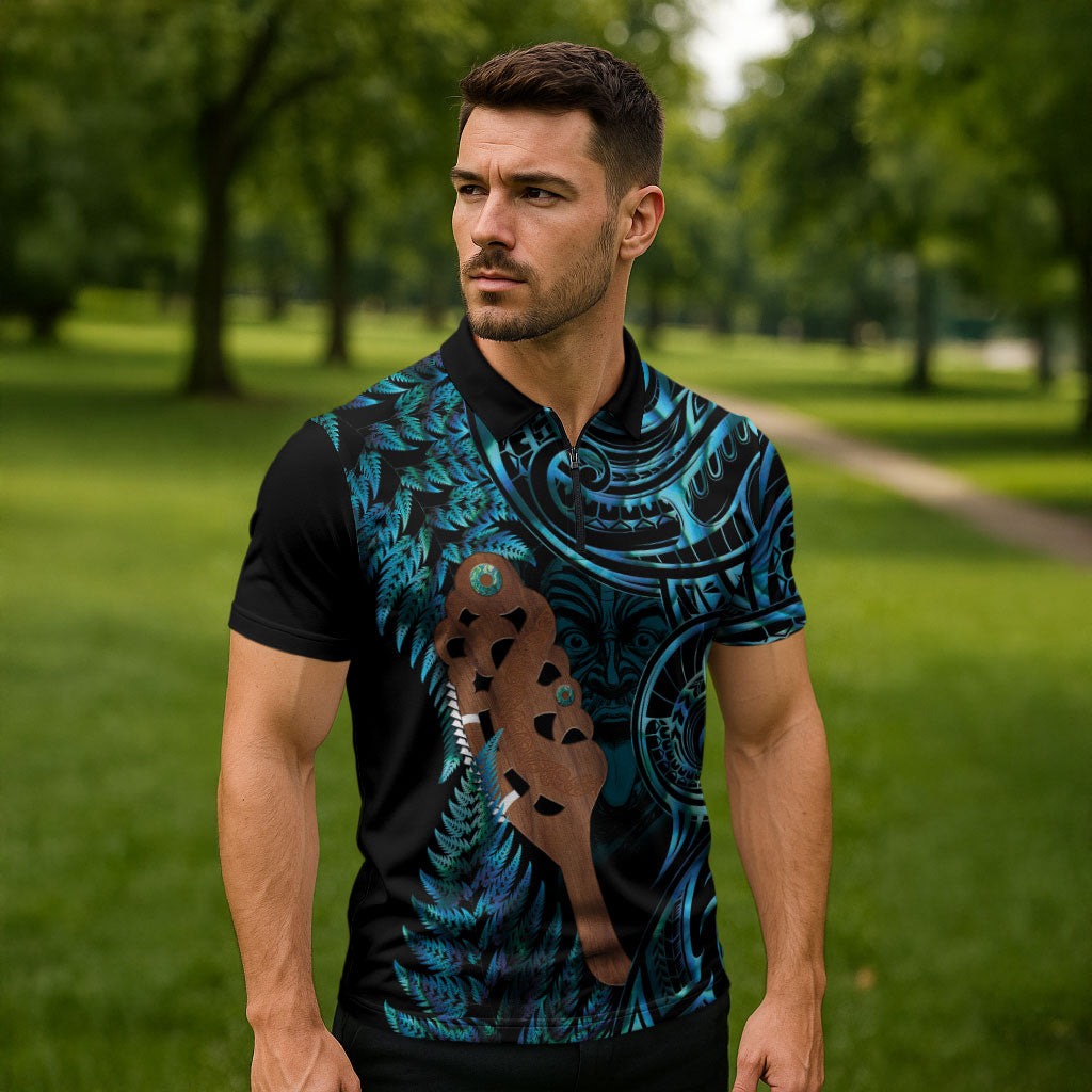 Maripi New Zealand Zipper Polo Shirt Maori Weapon Paua Shell Haka Fern