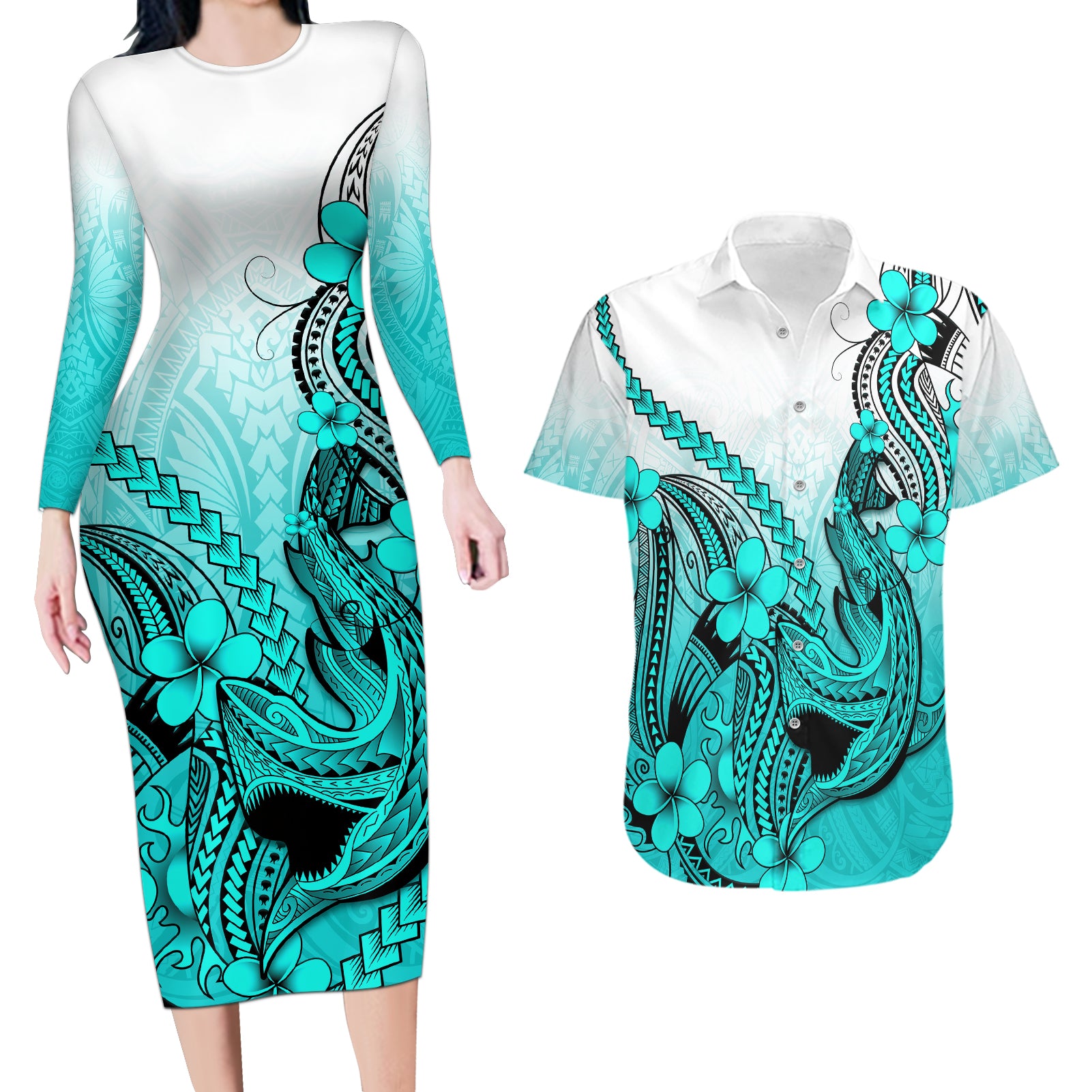 Hawaii Couples Matching Long Sleeve Bodycon Dress and Hawaiian Shirt Polynesian Shark Tattoo With Plumeria Turquoise Gradient LT14 Turquoise - Polynesian Pride