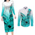 Hawaii Couples Matching Long Sleeve Bodycon Dress and Long Sleeve Button Shirts Polynesian Shark Tattoo With Plumeria Turquoise Gradient LT14 Turquoise - Polynesian Pride