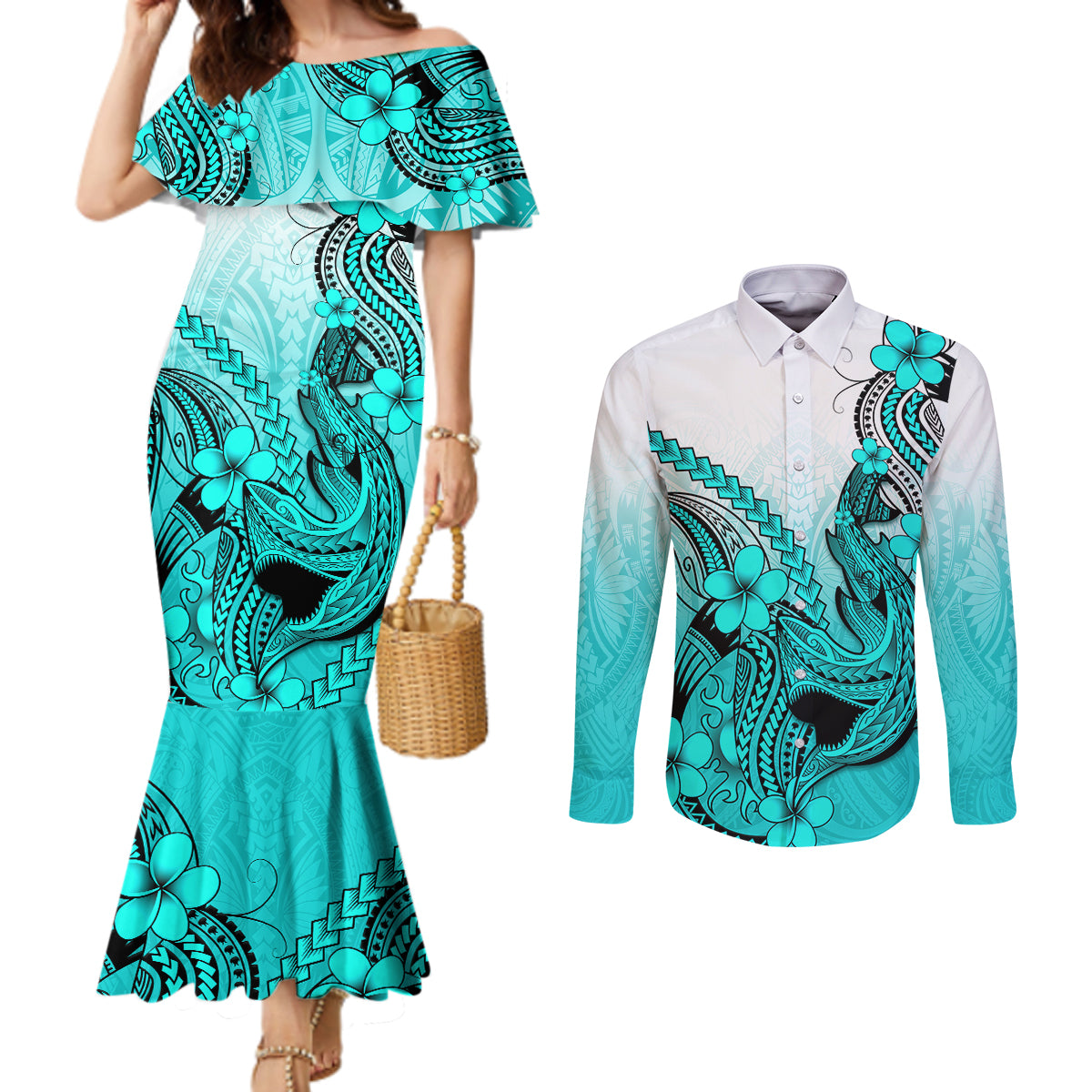 Hawaii Couples Matching Mermaid Dress and Long Sleeve Button Shirts Polynesian Shark Tattoo With Plumeria Turquoise Gradient LT14 Turquoise - Polynesian Pride