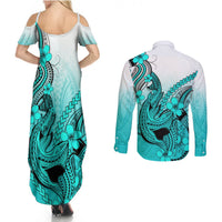 Hawaii Couples Matching Summer Maxi Dress and Long Sleeve Button Shirts Polynesian Shark Tattoo With Plumeria Turquoise Gradient LT14 - Polynesian Pride