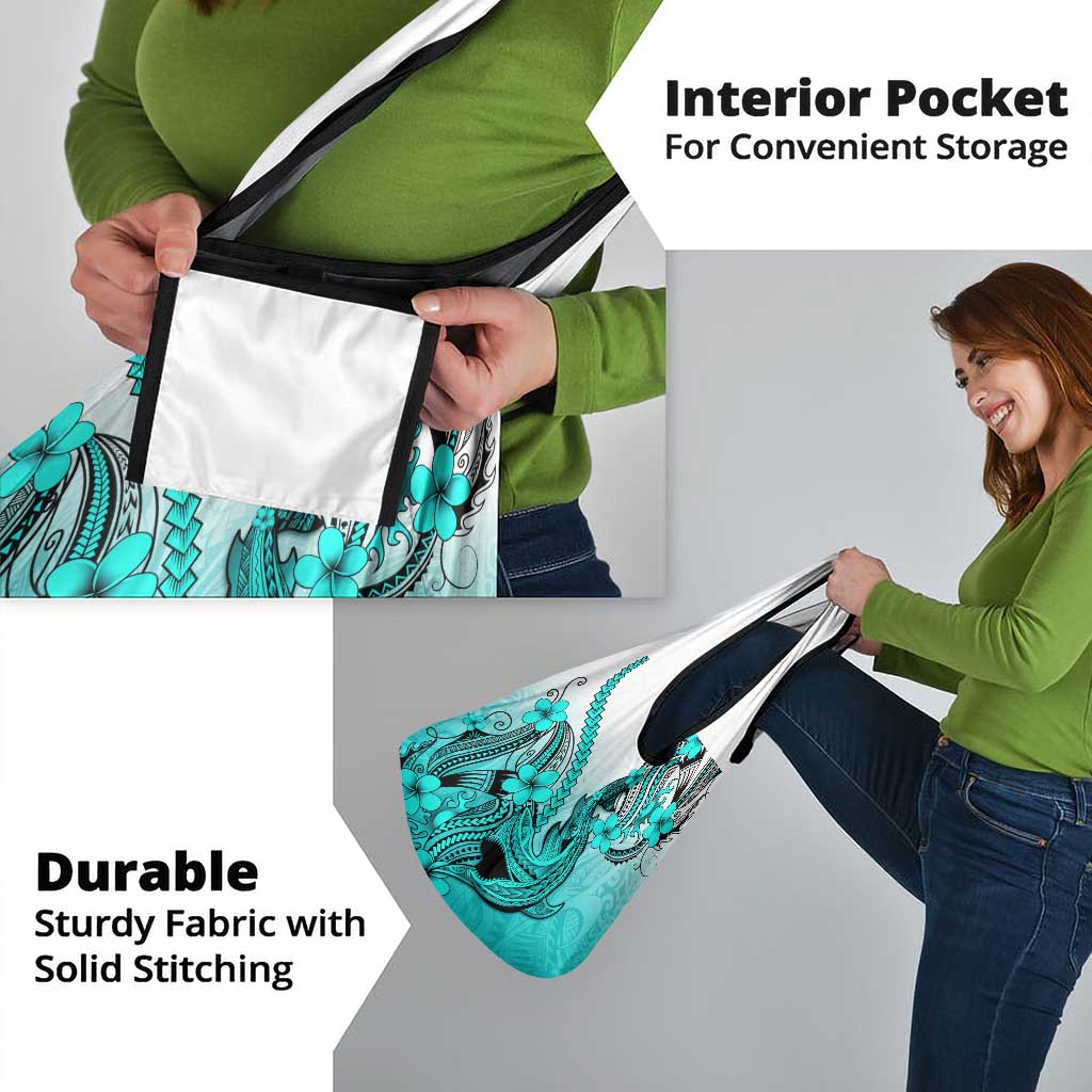 Turquoise Gradient Hawaii Grocery Bag Polynesian Shark Tattoo With Plumeria