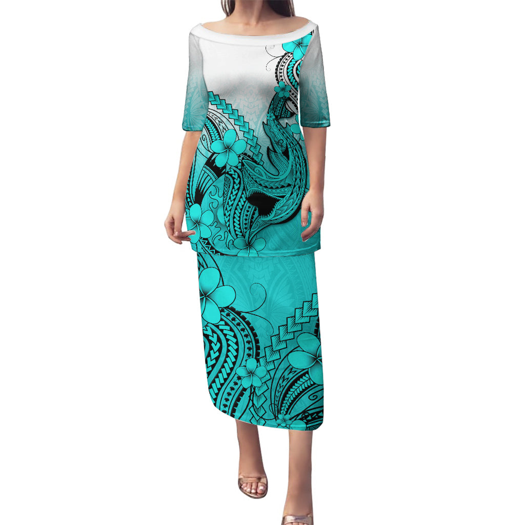 Hawaii Puletasi Polynesian Shark Tattoo With Plumeria Turquoise Gradient LT14 Long Dress Turquoise - Polynesian Pride