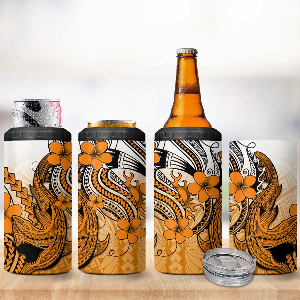Hawaii 4 in 1 Can Cooler Tumbler Polynesian Shark Tattoo With Plumeria Orange Gradient