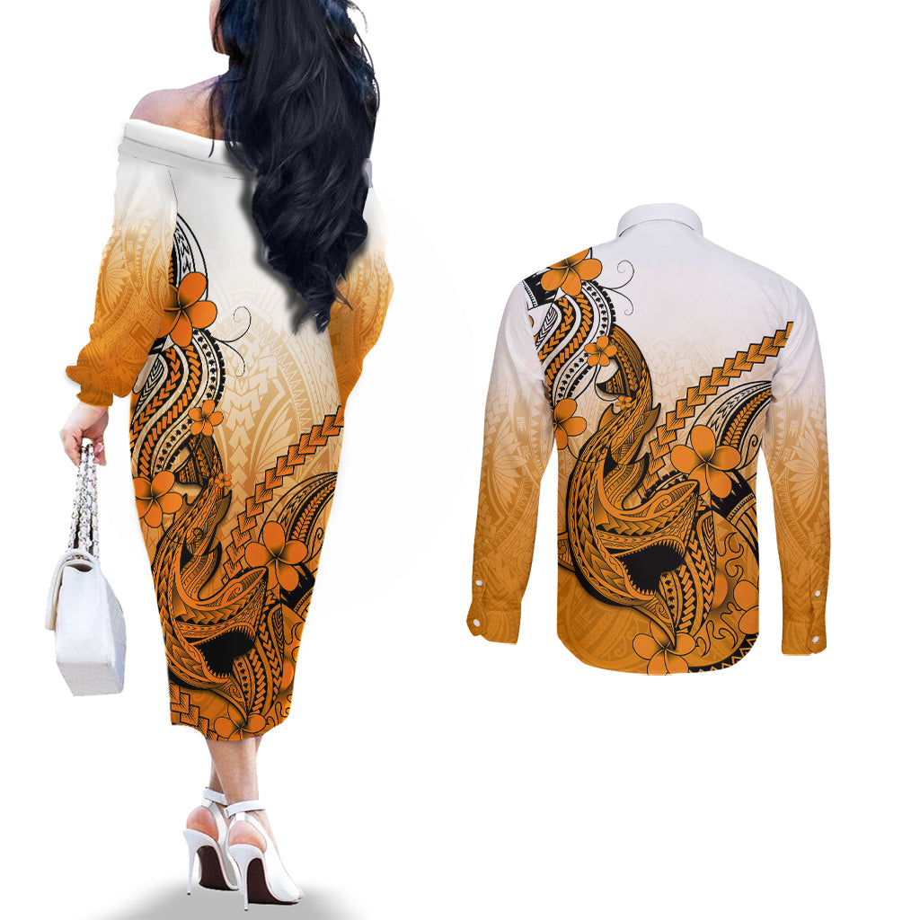 Hawaii Couples Matching Off The Shoulder Long Sleeve Dress and Long Sleeve Button Shirts Polynesian Shark Tattoo With Plumeria Orange Gradient LT14 - Polynesian Pride