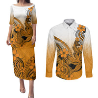 Hawaii Couples Matching Puletasi Dress and Long Sleeve Button Shirts Polynesian Shark Tattoo With Plumeria Orange Gradient LT14 Orange - Polynesian Pride