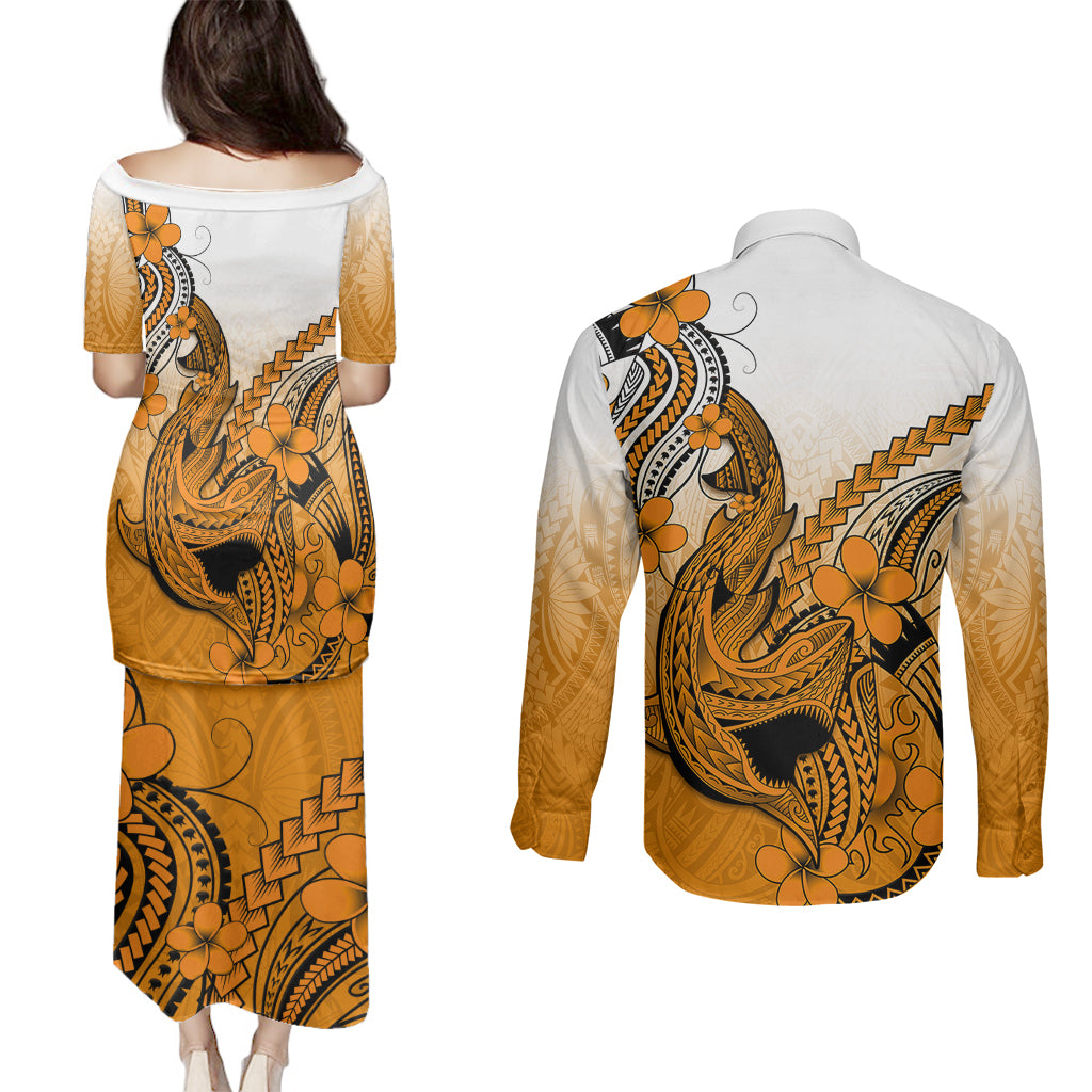 Hawaii Couples Matching Puletasi Dress and Long Sleeve Button Shirts Polynesian Shark Tattoo With Plumeria Orange Gradient LT14 - Polynesian Pride