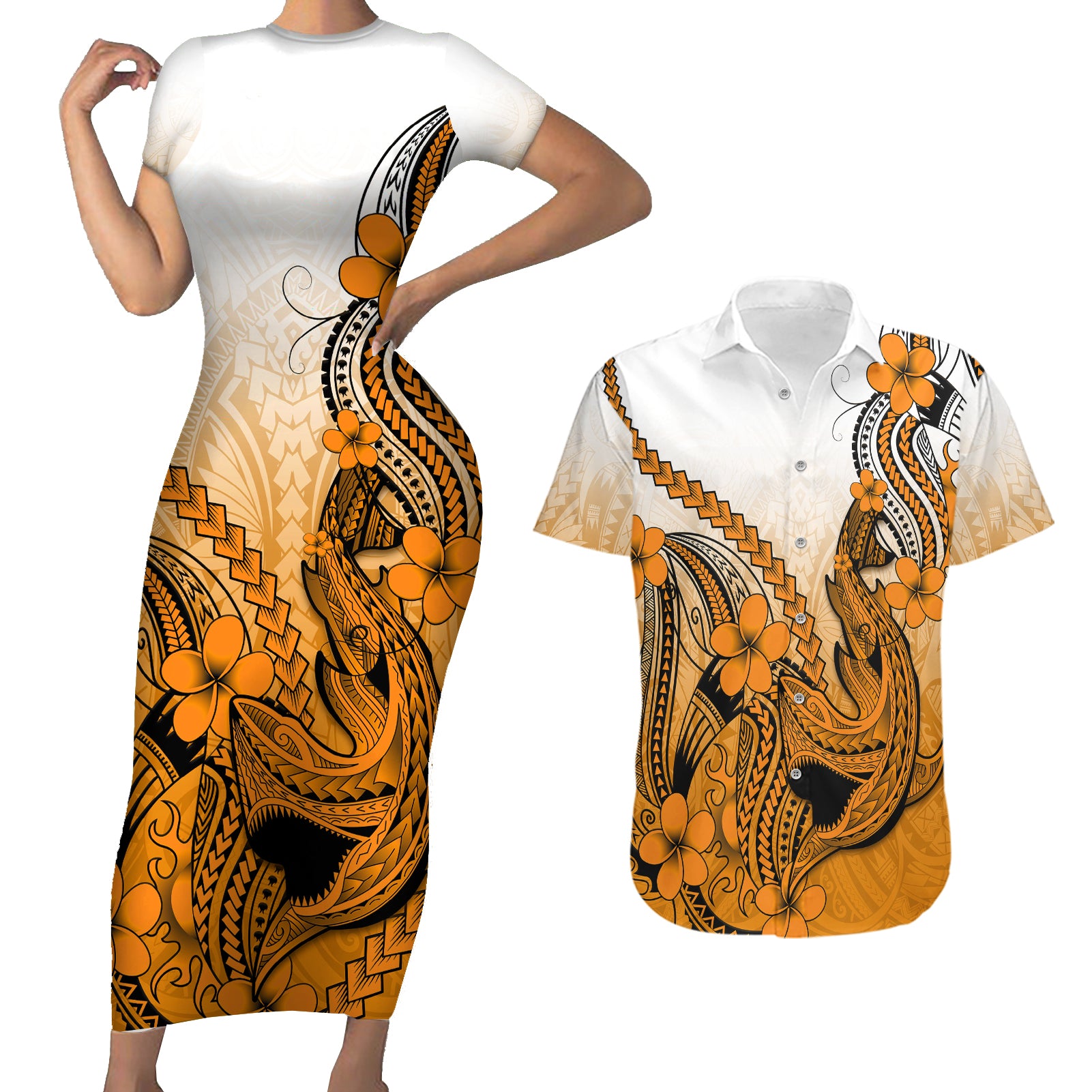 Hawaii Couples Matching Short Sleeve Bodycon Dress and Hawaiian Shirt Polynesian Shark Tattoo With Plumeria Orange Gradient LT14 Orange - Polynesian Pride