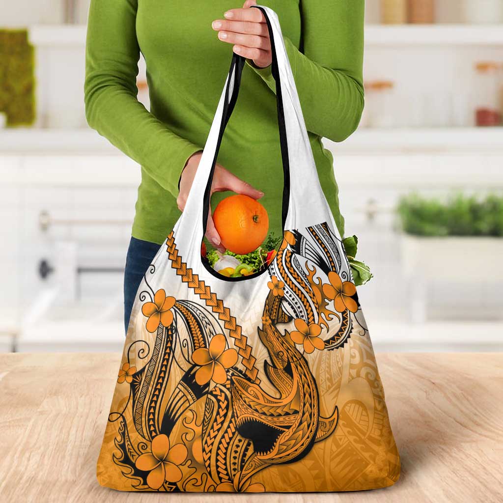 Orange Gradient Hawaii Grocery Bag Polynesian Shark Tattoo With Plumeria