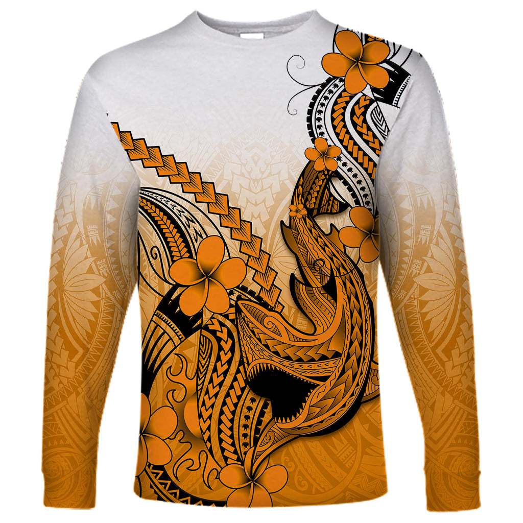 Hawaii Long Sleeve Shirt Polynesian Shark Tattoo With Plumeria Orange Gradient LT14 Unisex Orange - Polynesian Pride