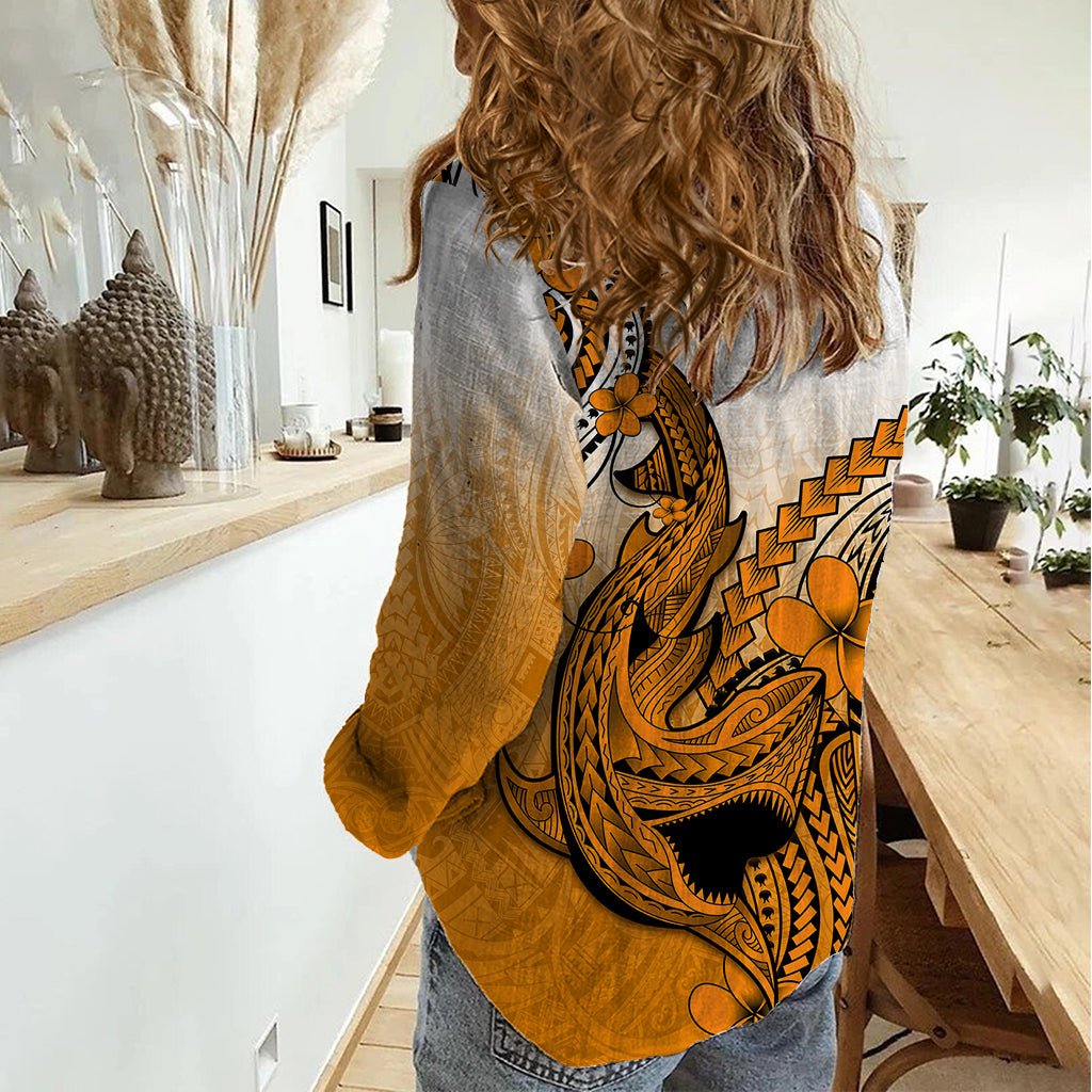 Hawaii Women Casual Shirt Polynesian Shark Tattoo With Plumeria Orange Gradient LT14 - Polynesian Pride