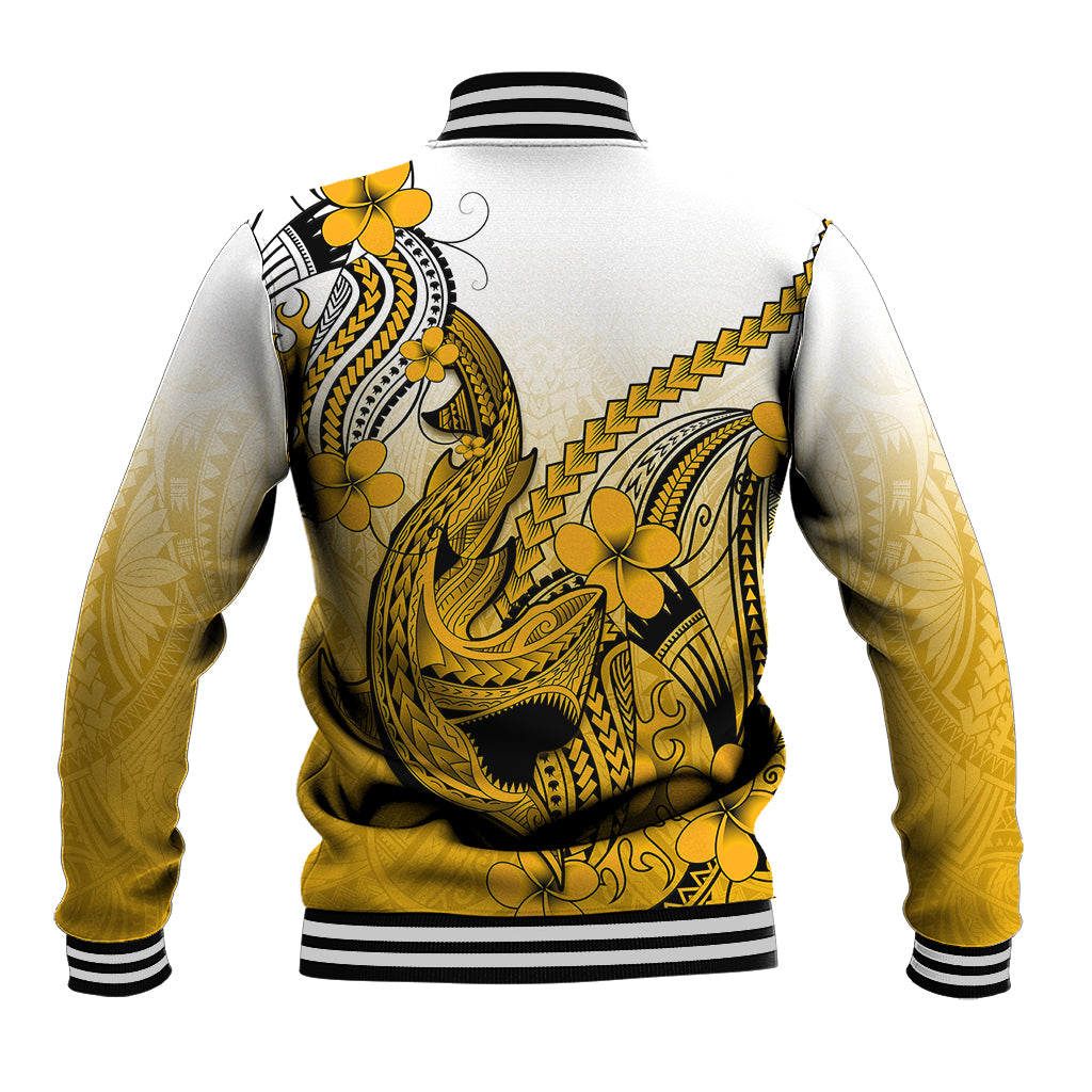 Hawaii Baseball Jacket Polynesian Shark Tattoo With Plumeria Gold Gradient LT14 - Polynesian Pride