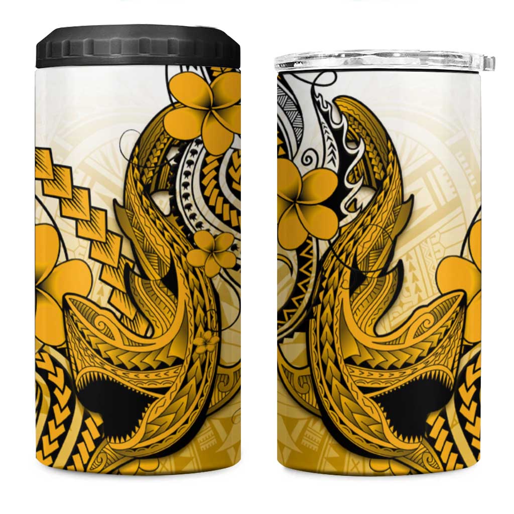 Hawaii 4 in 1 Can Cooler Tumbler Polynesian Shark Tattoo With Plumeria Gold Gradient