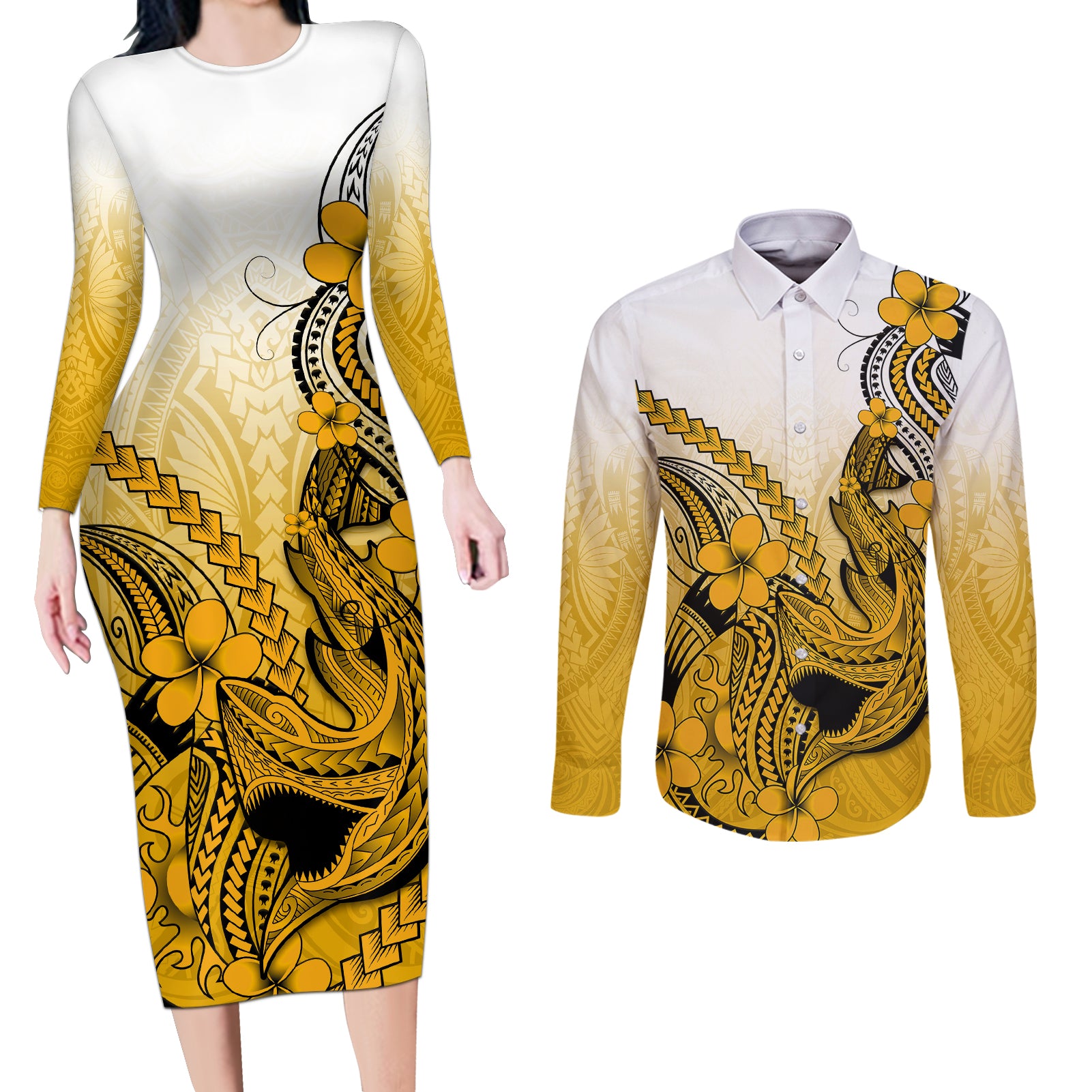 Hawaii Couples Matching Long Sleeve Bodycon Dress and Long Sleeve Button Shirts Polynesian Shark Tattoo With Plumeria Gold Gradient LT14 Gold - Polynesian Pride