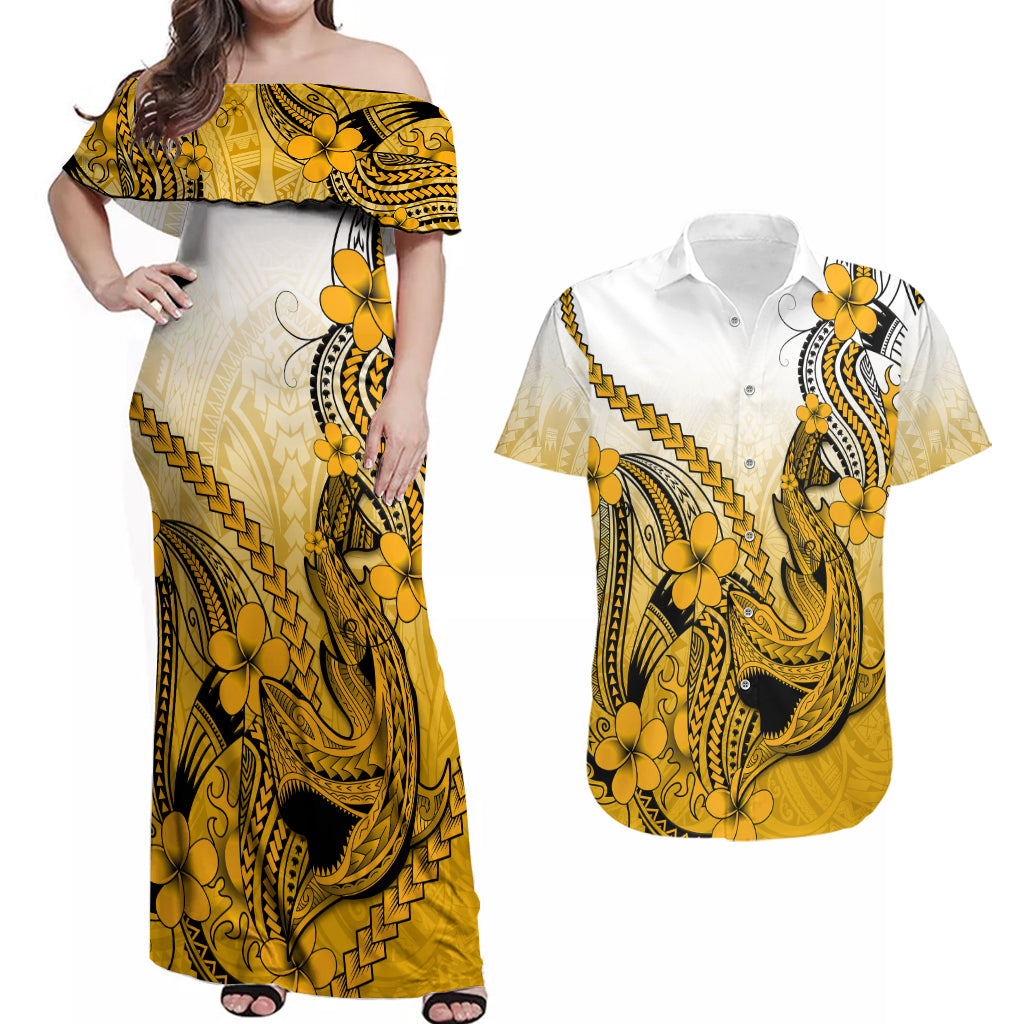 Hawaii Couples Matching Off Shoulder Maxi Dress and Hawaiian Shirt Polynesian Shark Tattoo With Plumeria Gold Gradient LT14 Gold - Polynesian Pride