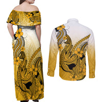 Hawaii Couples Matching Off Shoulder Maxi Dress and Long Sleeve Button Shirts Polynesian Shark Tattoo With Plumeria Gold Gradient LT14 - Polynesian Pride
