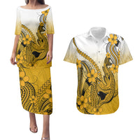 Hawaii Couples Matching Puletasi Dress and Hawaiian Shirt Polynesian Shark Tattoo With Plumeria Gold Gradient LT14 Gold - Polynesian Pride