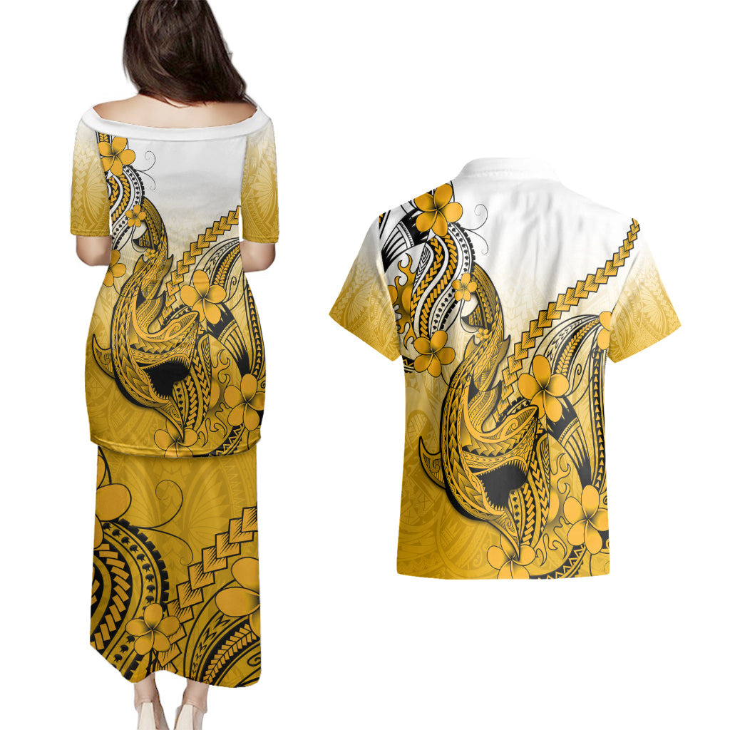 Hawaii Couples Matching Puletasi Dress and Hawaiian Shirt Polynesian Shark Tattoo With Plumeria Gold Gradient LT14 - Polynesian Pride