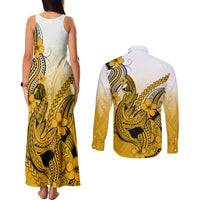 Hawaii Couples Matching Tank Maxi Dress and Long Sleeve Button Shirts Polynesian Shark Tattoo With Plumeria Gold Gradient LT14 - Polynesian Pride