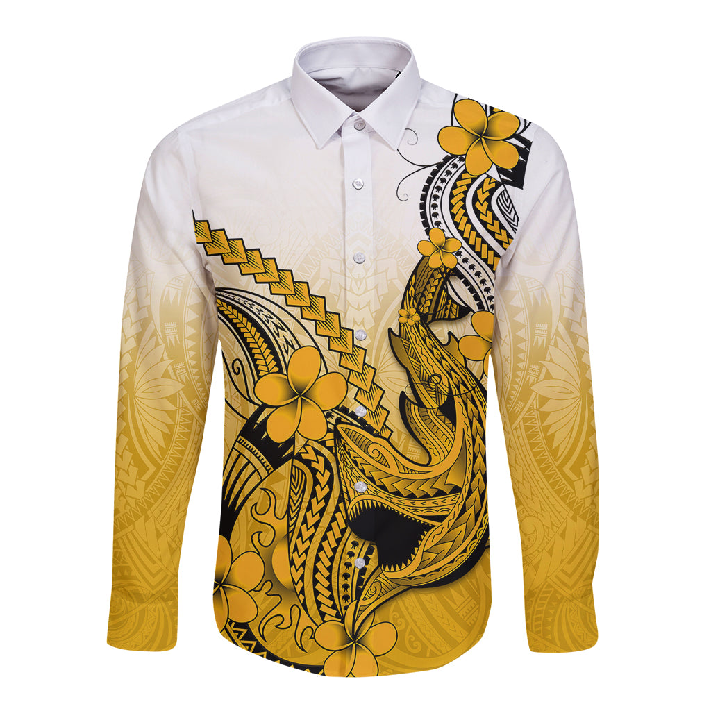 Hawaii Long Sleeve Button Shirt Polynesian Shark Tattoo With Plumeria Gold Gradient LT14 Unisex Gold - Polynesian Pride