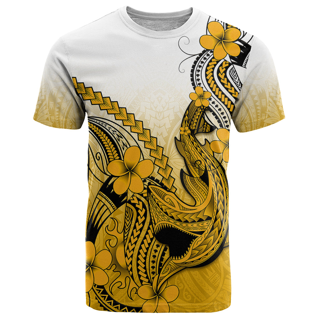 Hawaii T Shirt Polynesian Shark Tattoo With Plumeria Gold Gradient LT14 Gold - Polynesian Pride