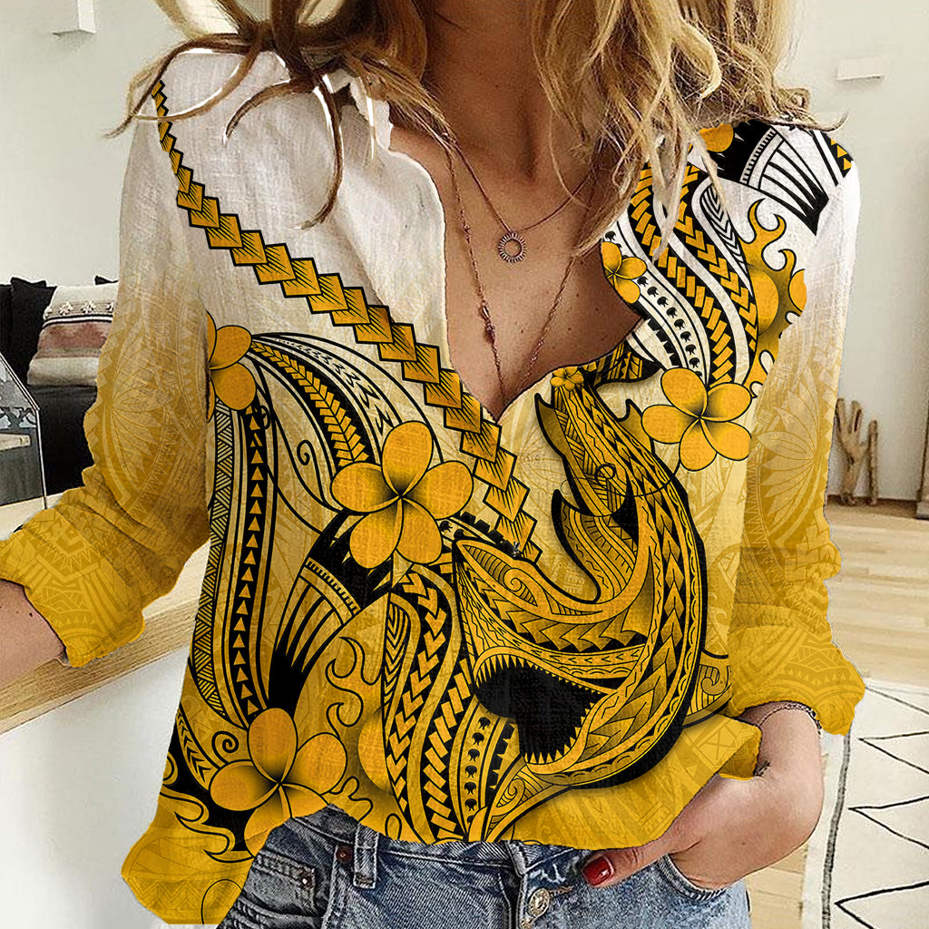 Hawaii Women Casual Shirt Polynesian Shark Tattoo With Plumeria Gold Gradient LT14 Female Gold - Polynesian Pride