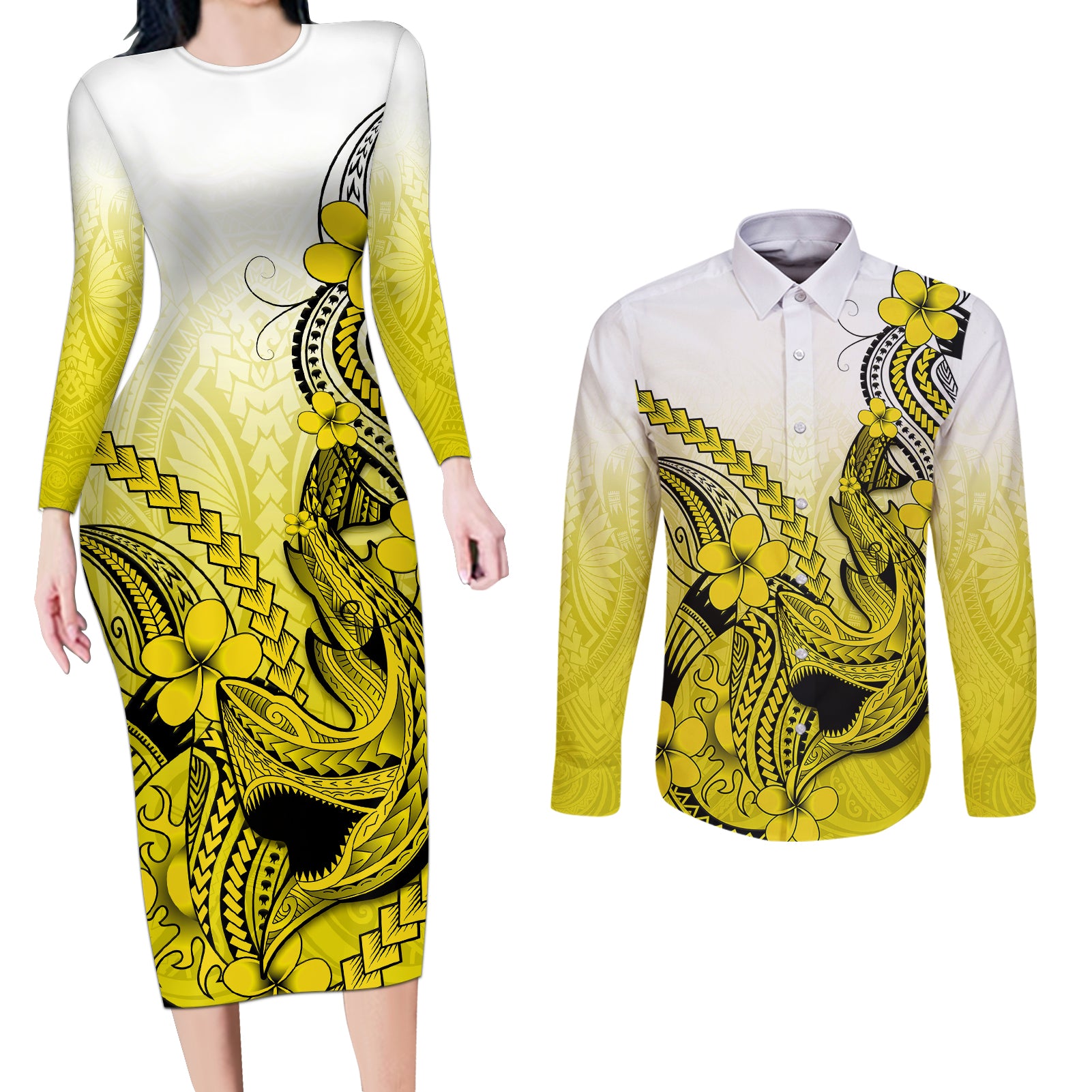 Hawaii Couples Matching Long Sleeve Bodycon Dress and Long Sleeve Button Shirts Polynesian Shark Tattoo With Plumeria Yellow Gradient LT14 Yellow - Polynesian Pride