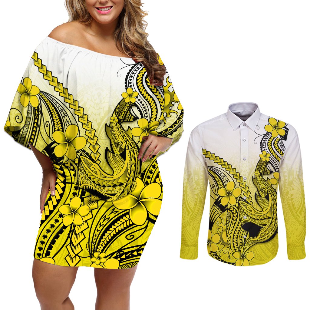 Hawaii Couples Matching Off Shoulder Short Dress and Long Sleeve Button Shirts Polynesian Shark Tattoo With Plumeria Yellow Gradient LT14 Yellow - Polynesian Pride