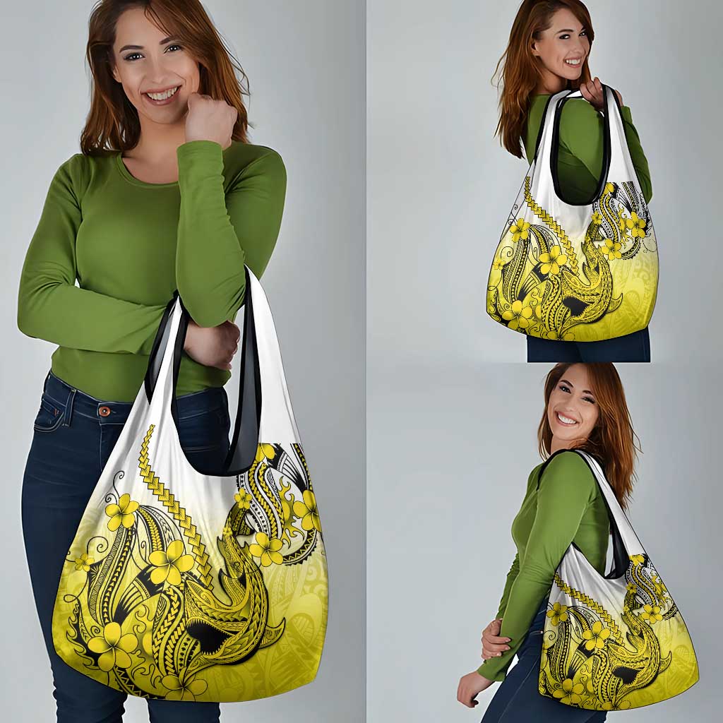 Yellow Gradient Hawaii Grocery Bag Polynesian Shark Tattoo With Plumeria