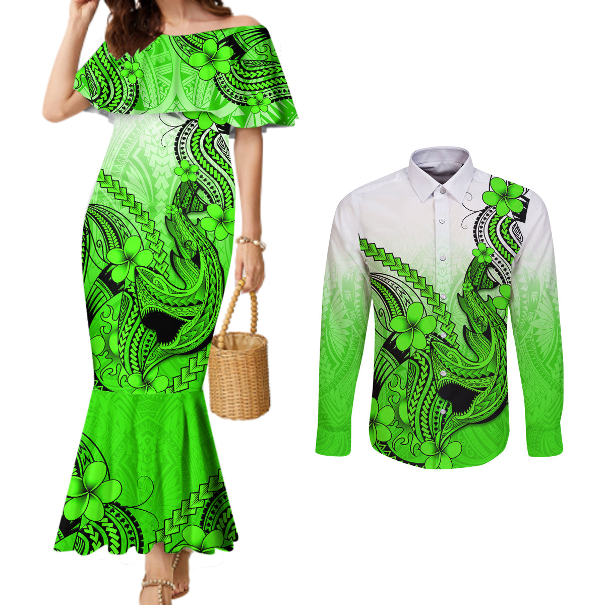 Hawaii Couples Matching Mermaid Dress and Long Sleeve Button Shirts Polynesian Shark Tattoo With Plumeria Green Gradient LT14 Green - Polynesian Pride