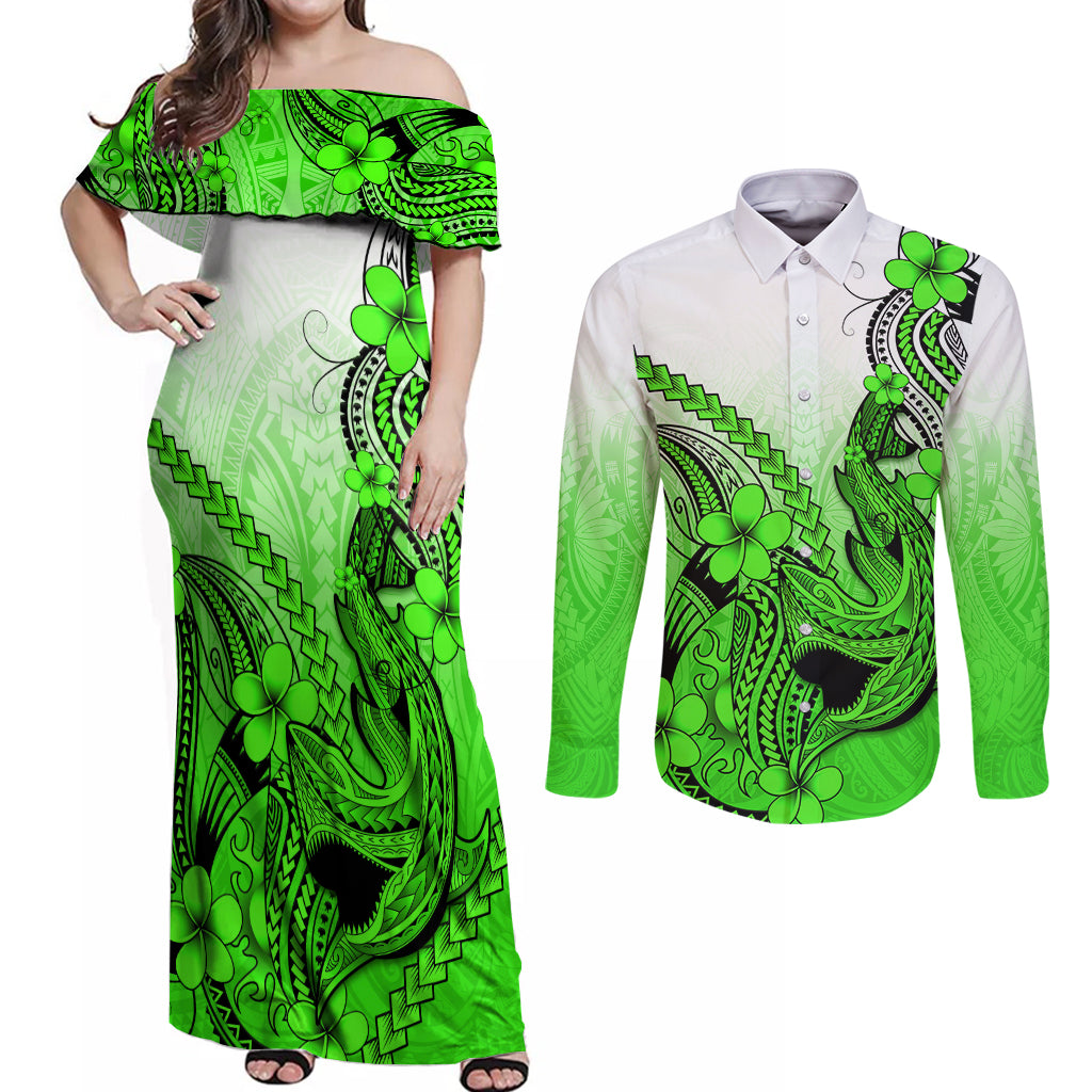 Hawaii Couples Matching Off Shoulder Maxi Dress and Long Sleeve Button Shirts Polynesian Shark Tattoo With Plumeria Green Gradient LT14 Green - Polynesian Pride