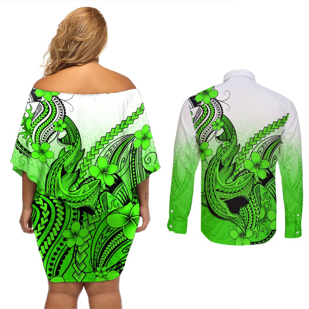 Hawaii Couples Matching Off Shoulder Short Dress and Long Sleeve Button Shirts Polynesian Shark Tattoo With Plumeria Green Gradient LT14 - Polynesian Pride