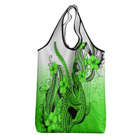 Green Gradient Hawaii Grocery Bag Polynesian Shark Tattoo With Plumeria
