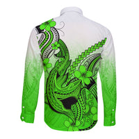 Hawaii Long Sleeve Button Shirt Polynesian Shark Tattoo With Plumeria Green Gradient LT14 - Polynesian Pride