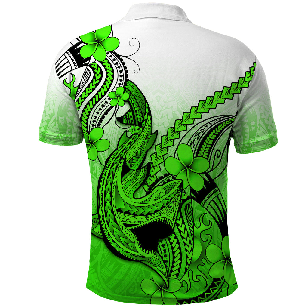 Hawaii Polo Shirt Polynesian Shark Tattoo With Plumeria Green Gradient LT14 - Polynesian Pride