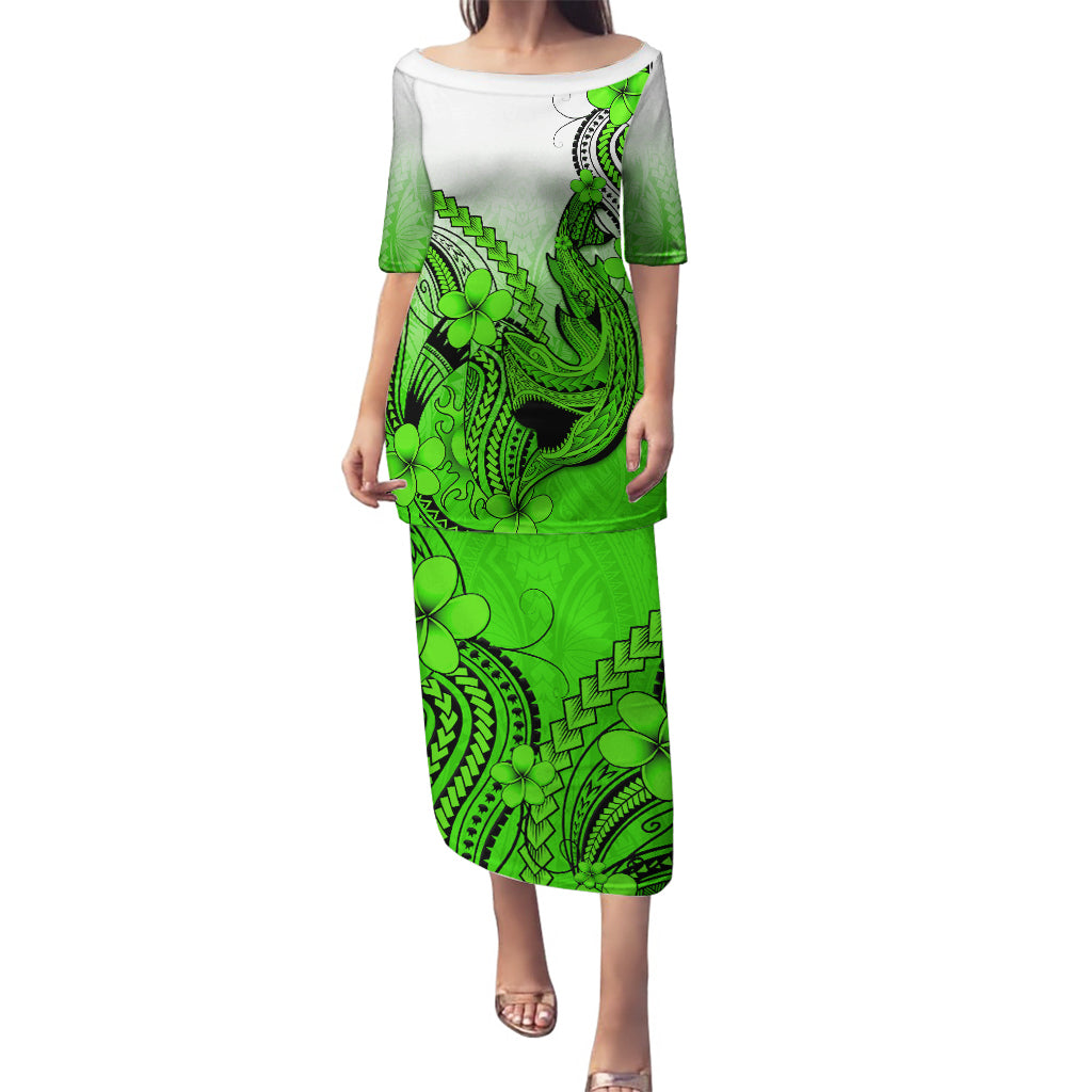 Hawaii Puletasi Polynesian Shark Tattoo With Plumeria Green Gradient LT14 Long Dress Green - Polynesian Pride