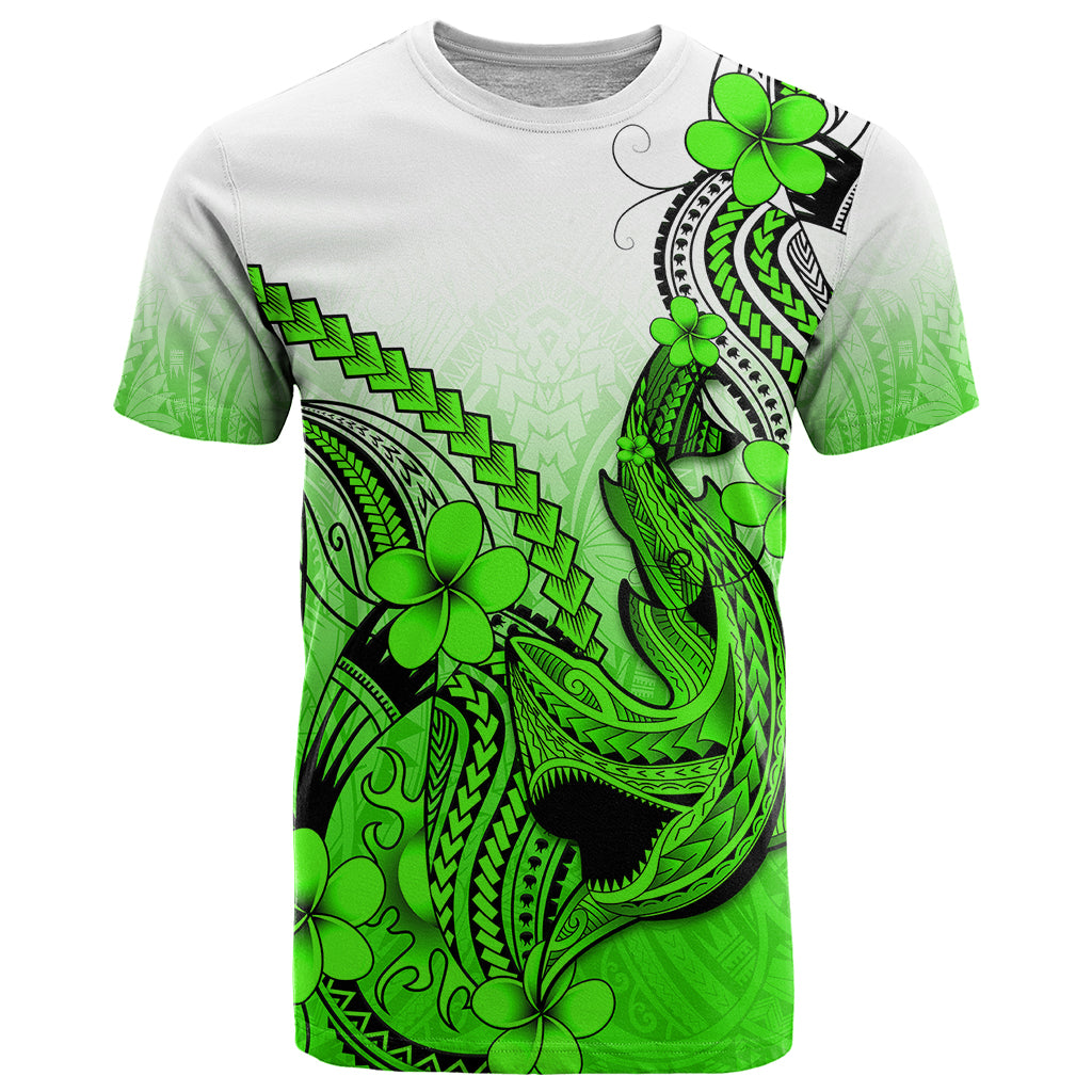 Hawaii T Shirt Polynesian Shark Tattoo With Plumeria Green Gradient LT14 Green - Polynesian Pride