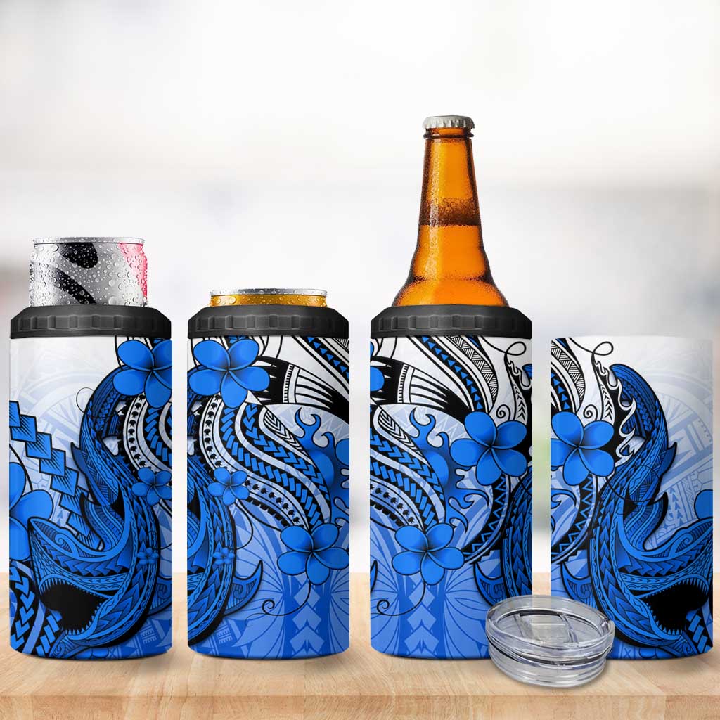 Hawaii 4 in 1 Can Cooler Tumbler Polynesian Shark Tattoo With Plumeria Blue Gradient