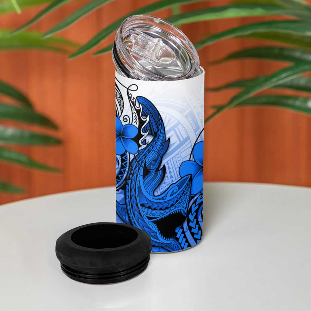 Hawaii 4 in 1 Can Cooler Tumbler Polynesian Shark Tattoo With Plumeria Blue Gradient