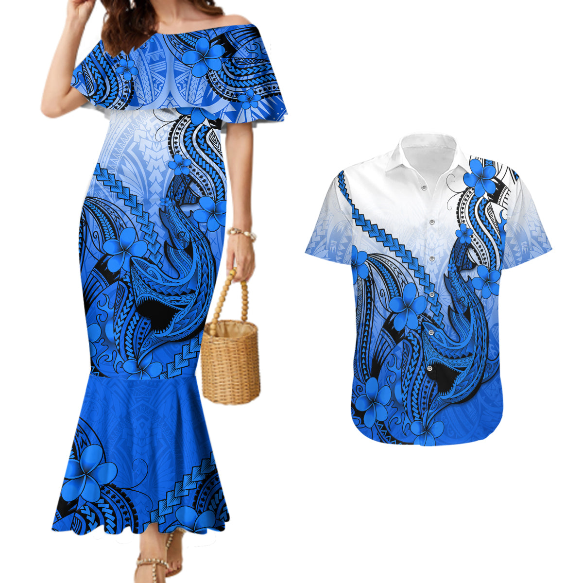 Hawaii Couples Matching Mermaid Dress And Hawaiian Shirt Polynesian Shark Tattoo With Plumeria Blue Gradient LT14 Blue - Polynesian Pride