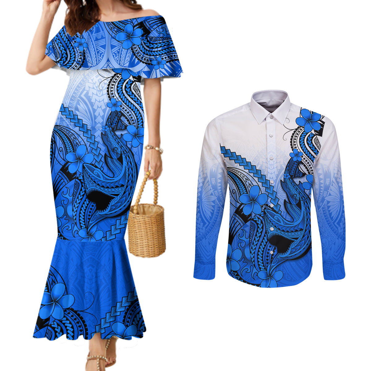 Hawaii Couples Matching Mermaid Dress and Long Sleeve Button Shirts Polynesian Shark Tattoo With Plumeria Blue Gradient LT14 Blue - Polynesian Pride