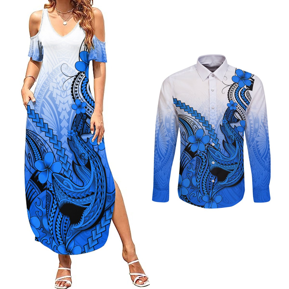 Hawaii Couples Matching Summer Maxi Dress and Long Sleeve Button Shirts Polynesian Shark Tattoo With Plumeria Blue Gradient LT14 Blue - Polynesian Pride