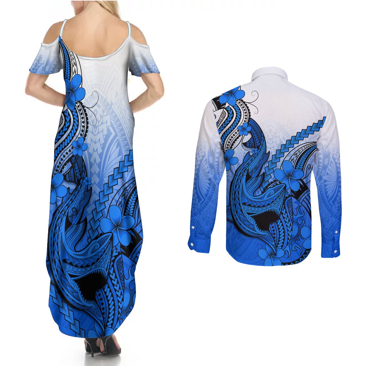 Hawaii Couples Matching Summer Maxi Dress and Long Sleeve Button Shirts Polynesian Shark Tattoo With Plumeria Blue Gradient LT14 - Polynesian Pride