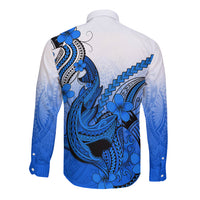 Hawaii Long Sleeve Button Shirt Polynesian Shark Tattoo With Plumeria Blue Gradient LT14 - Polynesian Pride
