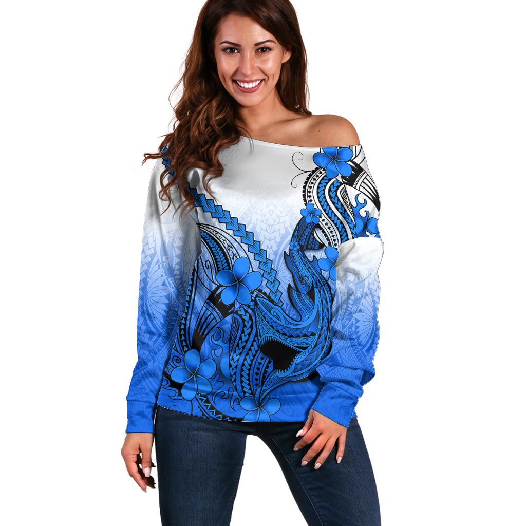 Hawaii Off Shoulder Sweater Polynesian Shark Tattoo With Plumeria Blue Gradient LT14 Women Blue - Polynesian Pride