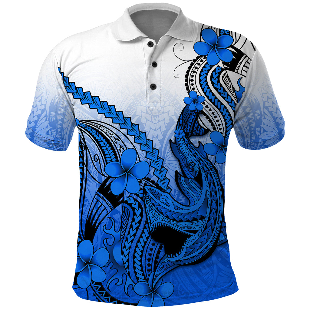 Hawaii Polo Shirt Polynesian Shark Tattoo With Plumeria Blue Gradient LT14 Blue - Polynesian Pride