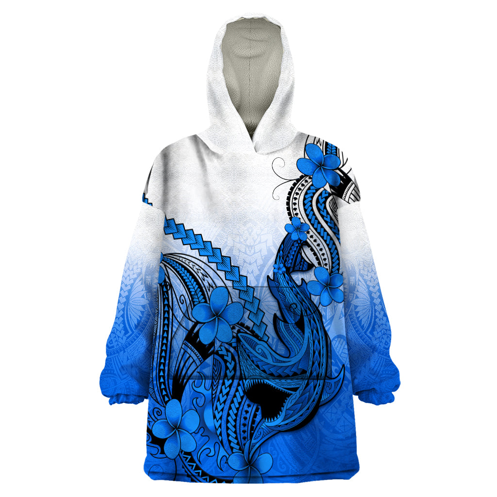 Hawaii Wearable Blanket Hoodie Polynesian Shark Tattoo With Plumeria Blue Gradient LT14 One Size Blue - Polynesian Pride